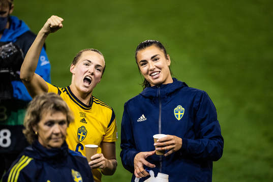 Magdalena Eriksson and goalkeeper Zecira Musovic of Sweden