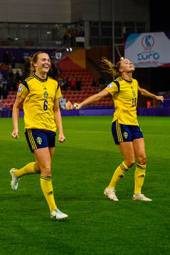 Magdalena Eriksson and Amanda Ilestedt of Sweden celebrate