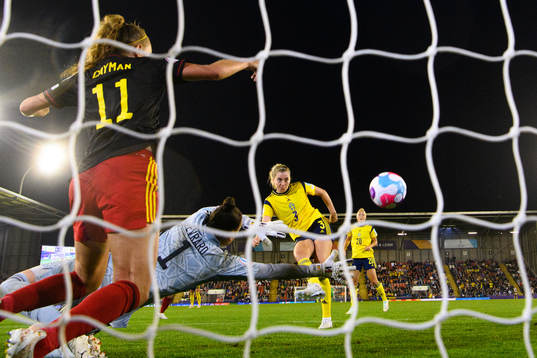 Linda Sembrant of Sweden scores 1-0 behind goalkeeper Nicky