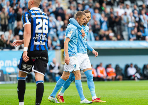 Malmö FFs Patriot Sejdiu och Veljko Birmancevic jublar