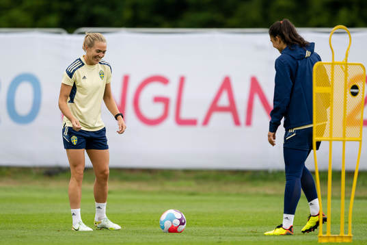 Magdalena Eriksson and goalkeeper Zecira Musovic of the