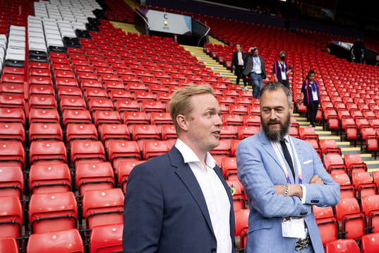 Jonas Eidevall, head coach of Arsenal FC and Olof Lundh of