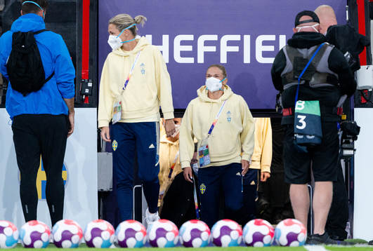 Goalkeeper Jennifer Falk and Jonna Andersson of Sweden