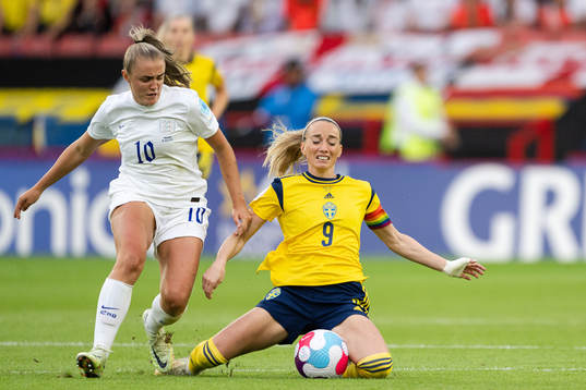 Georgia Stanway of England and Kosovare Asllani of Sweden
