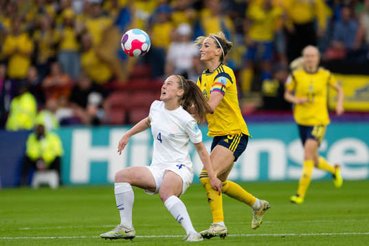 Keira Walsh of England and Kosovare Asllani of Sweden