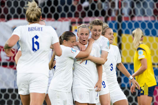 Beth Mead and Ellen White of England celebrate the 1-0 goal
