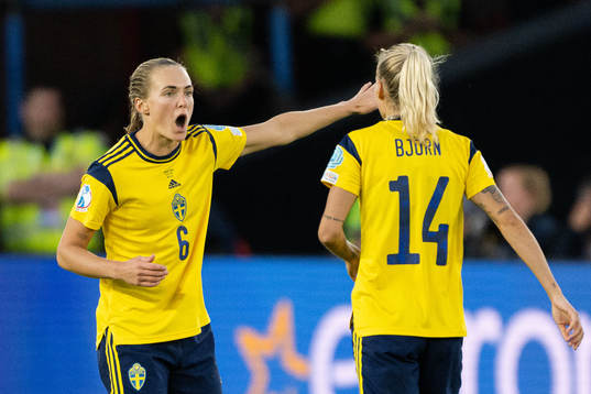 Magdalena Eriksson and Nathalie Björn of Sweden look