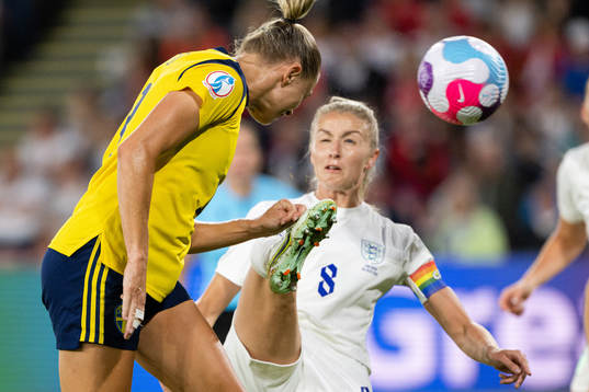 Fridolina Rolfö of Sweden and Leah Williamson of England