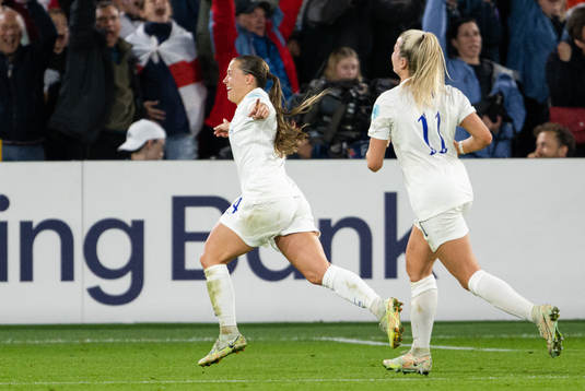 Keira Walsh and Lauren Hemp of England celebrate the 4-0
