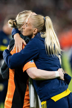 Goalkeeper Hedvig Lindahl and Sofia Jakobsson of Sweden