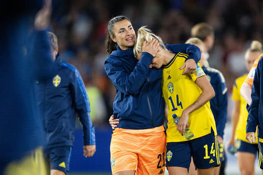 Goalkeeper Zecira Musovic and Nathalie Björn of Sweden