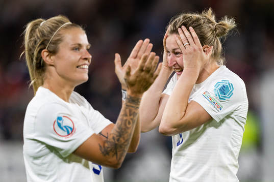Rachel Daly and Ellen White of England celebrate