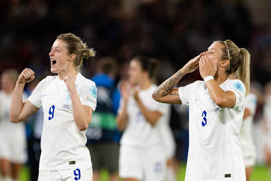 Rachel Daly and Ellen White of England celebrate