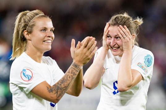 Rachel Daly and Ellen White of England celebrate