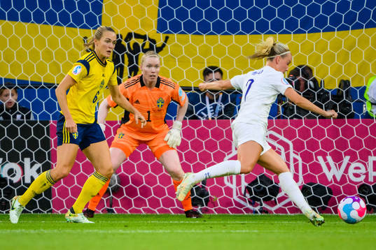 Beth Mead of England scores 1-0 behind goalkeeper Hedvig