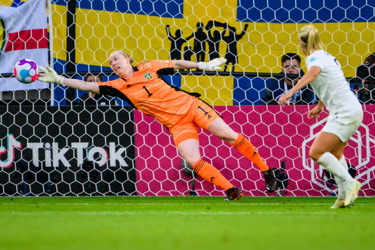 Beth Mead of England scores 1-0 behind goalkeeper Hedvig
