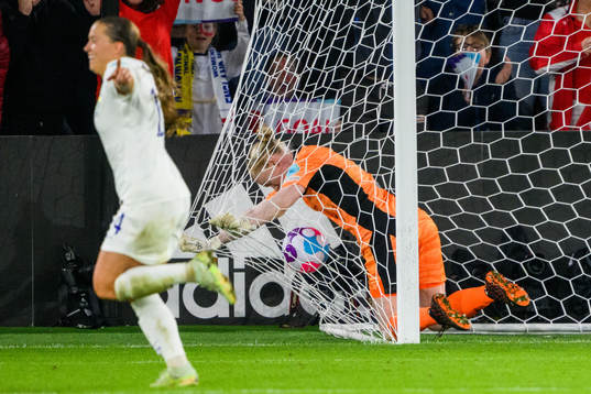 Fran Kirby of England celebrates while goalkeeper Hedvig