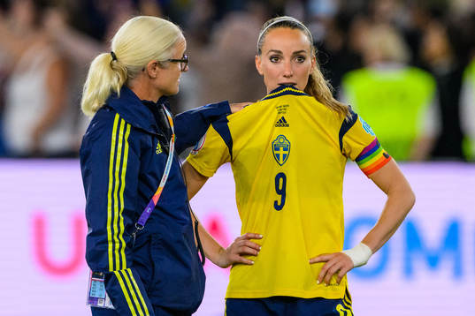 Kosovare Asllani of Sweden looks dejected and is looked
