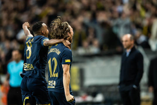 Bilal Hussein and Axel Björnström of AIK celebrate