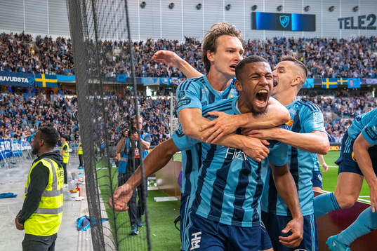 Hjalmar Ekdal and Isak Hien of Djurgården celebrate 1-0
