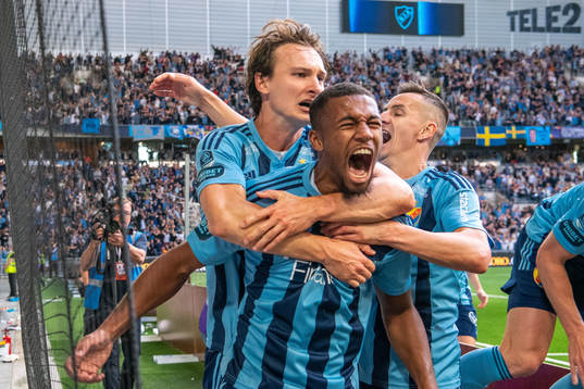 Hjalmar Ekdal and Isak Hien of Djurgården celebrate 1-0