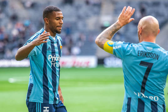 Isak Hien of Djurgården celebrates 1-0