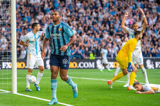 Isak Hien of Djurgården celebrates 1-0