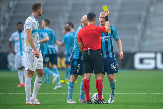 Victor Edvardsen of Djurgården gets a yellow card