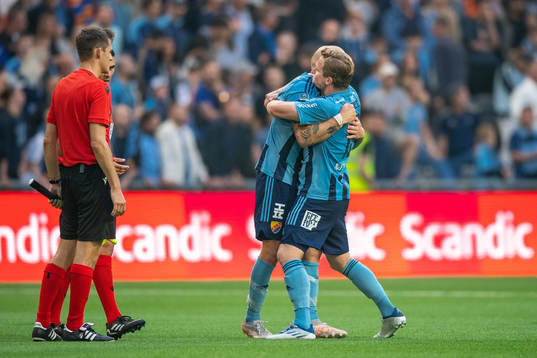 Magnus Eriksson and Hampus Finndell of Djurgården celebrate