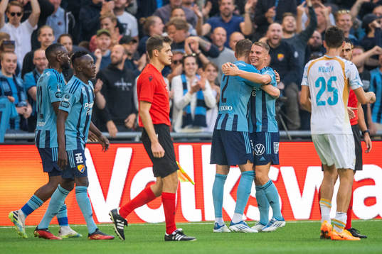 Piotr Johansson and Elias Andersson of Djurgården celebrate