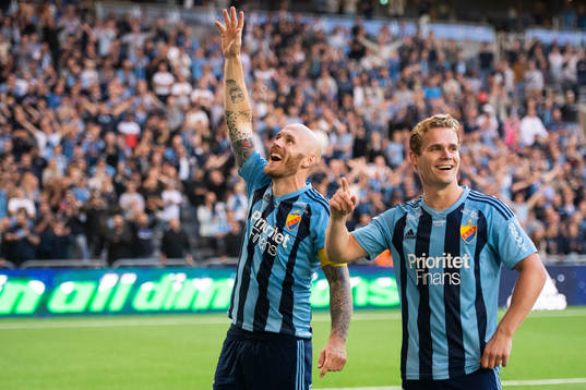 Magnus Eriksson and Hampus Finndell of Djurgården celebrate