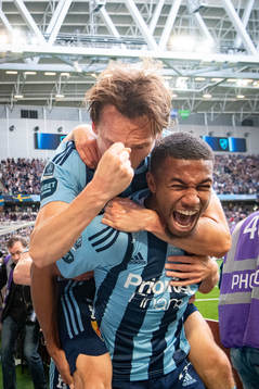 Hjalmar Ekdal and Pierre Bengtsson of Djurgården celebrate