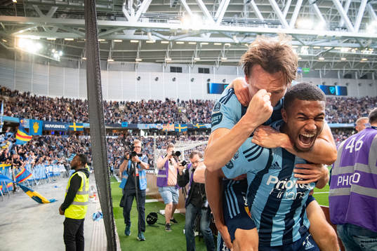 Hjalmar Ekdal and Isak Hien of Djurgården celebrate