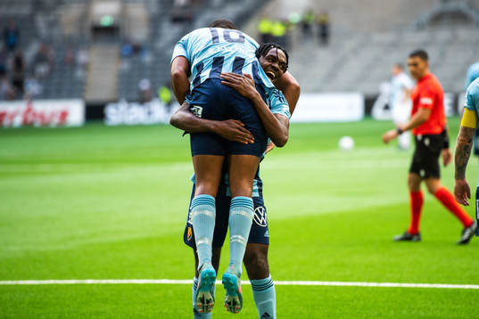 Isak Hien and Joel Asoro of Djurgården celebrate