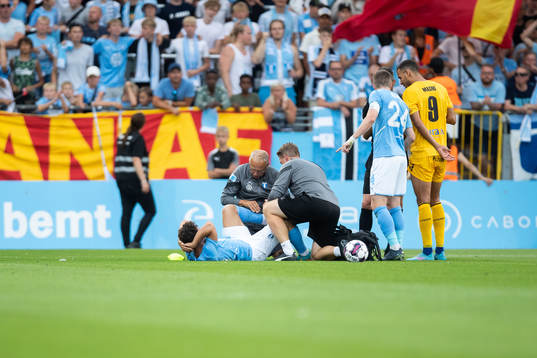 Moustafa Zeidan of Malmö FF receives medical treatment
