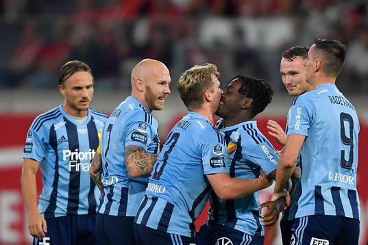 Hampus Finndell and Joel Asoro of Djurgården celebrate