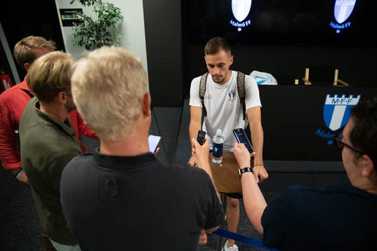 Veljko Birmancevic of Malmö FF in mixed zone