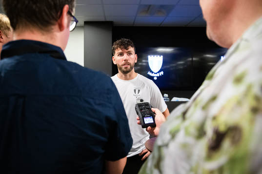 Erdal Rakip of Malmö FF in mixed zone