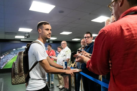 Veljko Birmancevic of Malmö FF in mixed zone