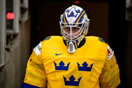 Goaltender Jesper Wallstedt of Sweden at warm-up