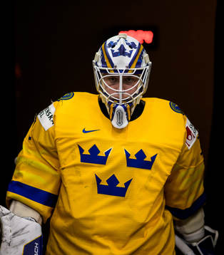 Goaltender Jesper Wallstedt of Sweden at warm-up