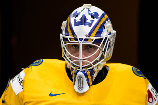 Goaltender Jesper Wallstedt of Sweden at warm-up