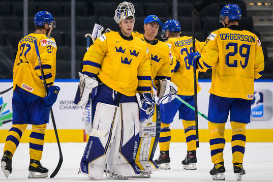 Goaltenders Jesper Wallstedt and Calle Clang of Sweden look