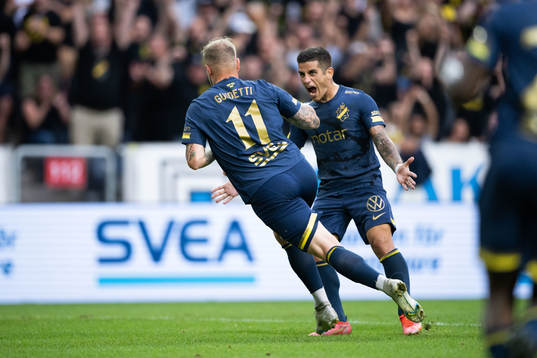 John Guidetti and Nicolas Stefanelli of AIK celebrate
