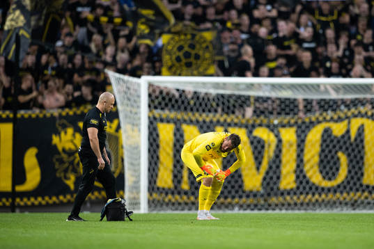 Goalkeeper Kristoffer Nordfeldt of AIK in pain
