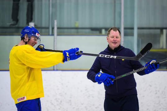 Ludvig Jansson and goaltender coach Peter Andersson of the