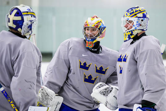 Goaltenders Jesper Wallstedt, Carl Lindbom and Calle Clang