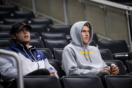Goaltender Jesper Wallstedt and Simon Edvinsson of Sweden