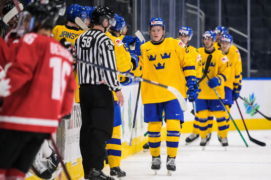 Theodor Niederbach of Sweden celebrates the 3-1 goal