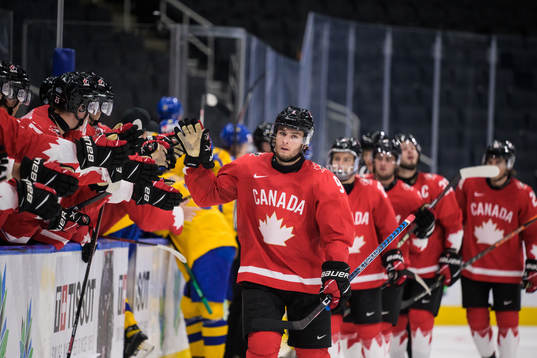 Joshua Roy of Canada celebrates the 4-1 goal